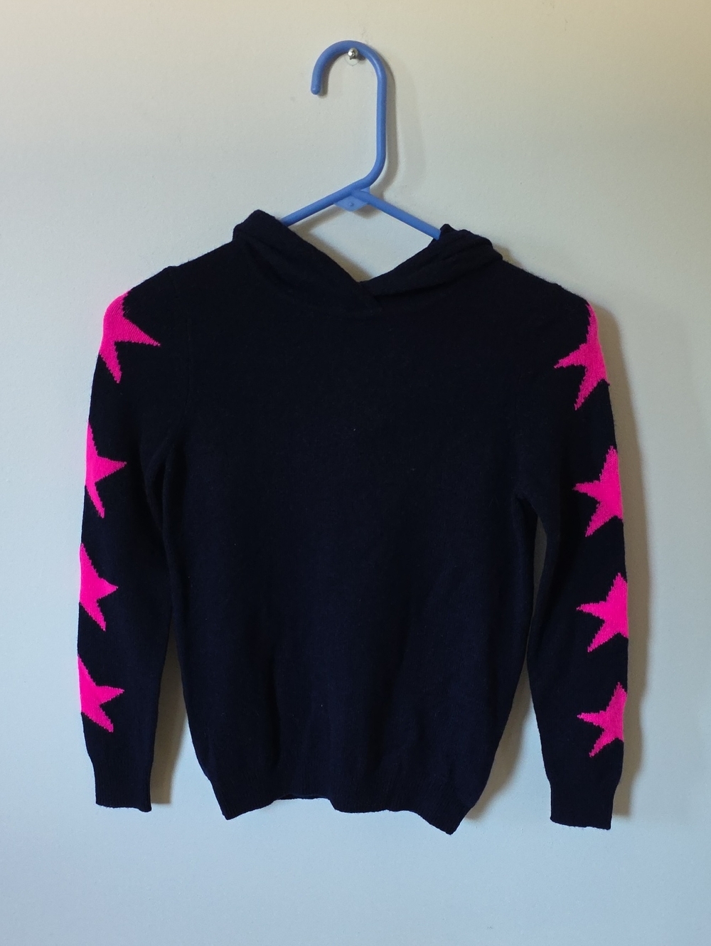 NWT Aqua Cashmere Hooded Sweater with Neon Pink Star Sleeves, 7/8Y